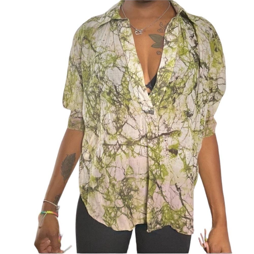 Revolve Fifteen Twenty Silk pajama style Sheer Natural Print Top Small